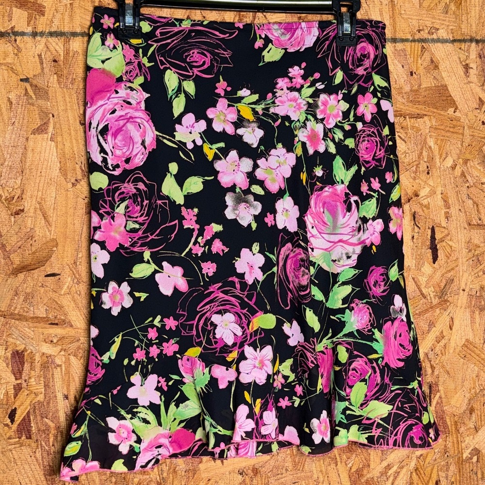 Worthington Petite 8P Floral A-line Skirt Black/Pink Feminine Y2K Girly City